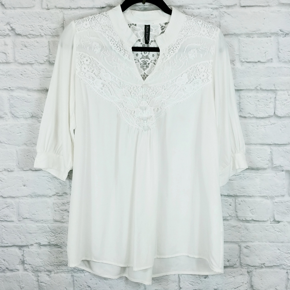 Ren Fiber White Lace Blouse 3/4 Sleeves Size Small